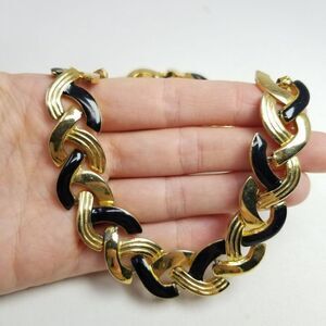 Vintage Gold Tone and Black Enamel Chunky Link Collar Necklace, 80s Style